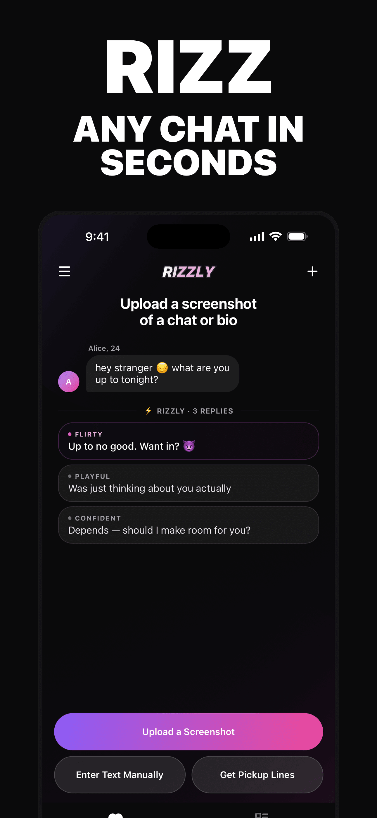 Rizzly home screen — AI dating wingman for Tinder, Hinge, and Bumble