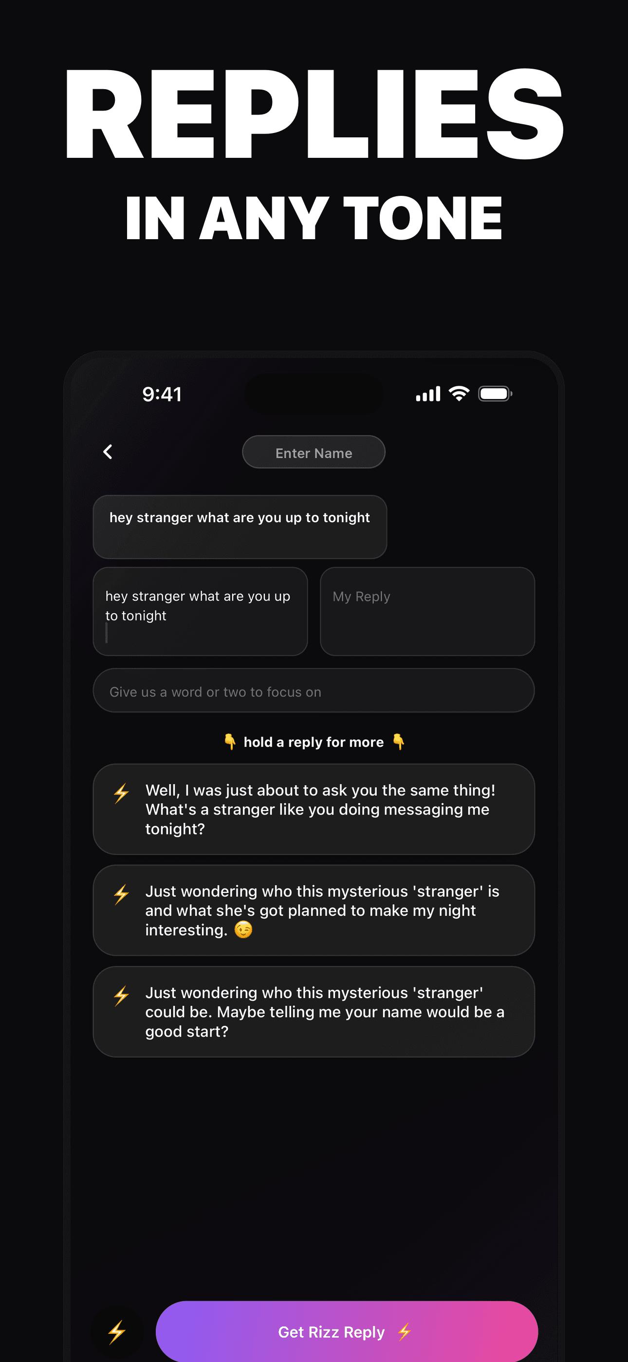 Rizzly generating three AI reply suggestions from a Tinder screenshot